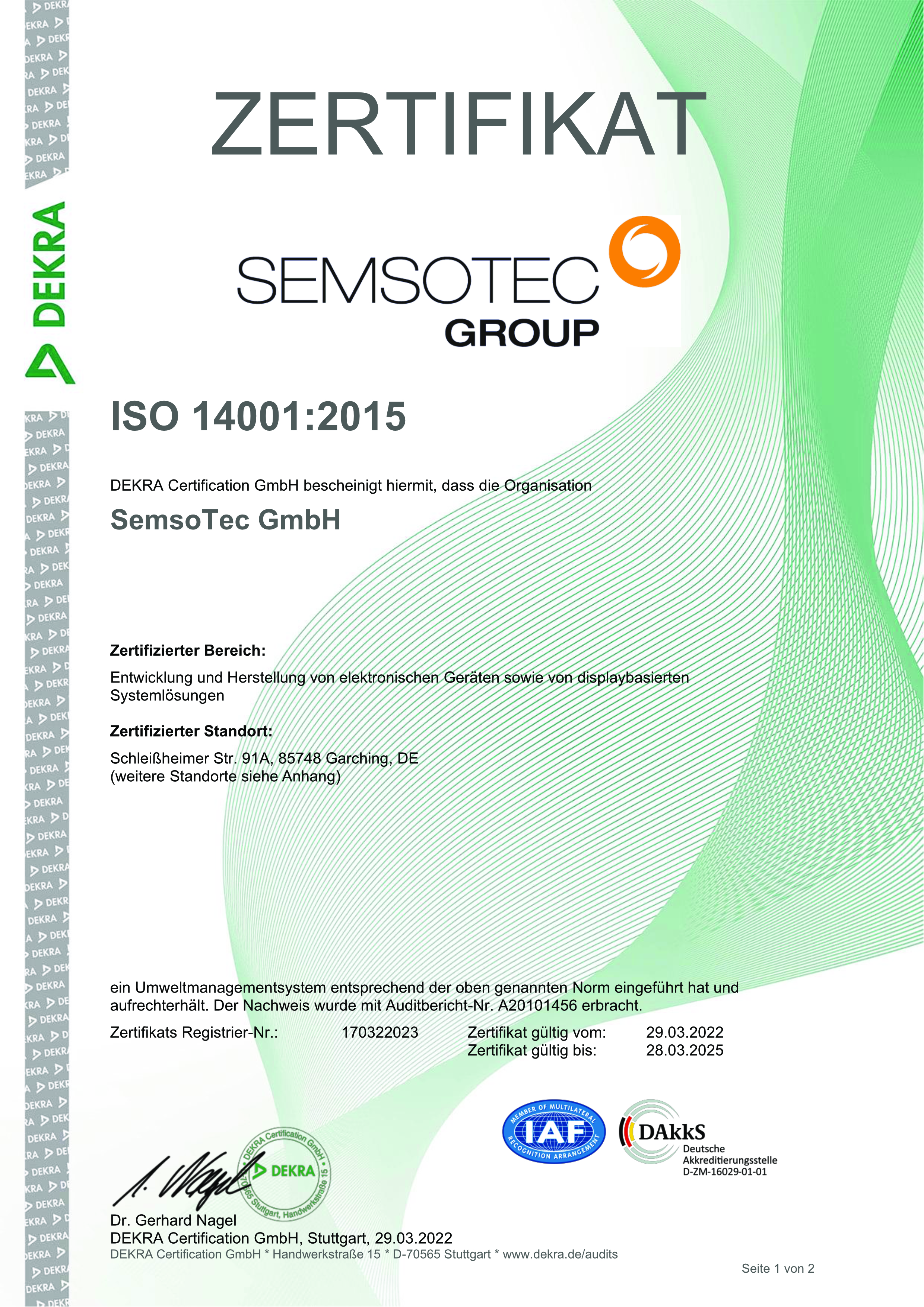 SemsoTec certified according to ISO 14001:2015 